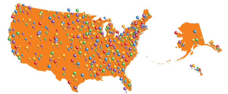 Map of the United States with locations of self-advocacy groups.